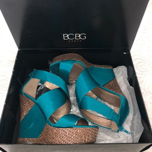 BCBG RANDO Platform Wedge Heel Sandal Teal Fabric Jute Trim Back Zip Sexy 8 - Picture 3 of 13